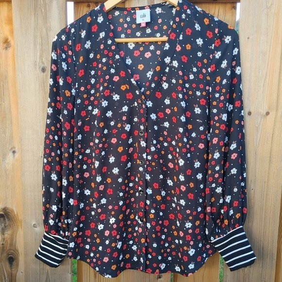Lovely CABI Floral Blouse Women's XL Deep V neck Striped Cuffs - Picture 1 of 8